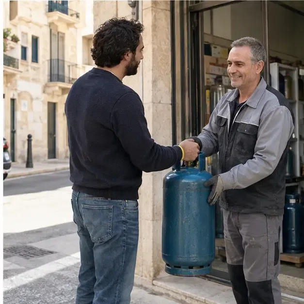Cliente che consegna una bombola GPL verticale a un addetto in una rivendita di gas priva di insegne leggibili