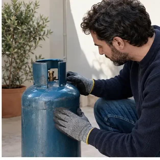 Persona con guanti che osserva l’esterno e la valvola di una bombola GPL senza aprirla