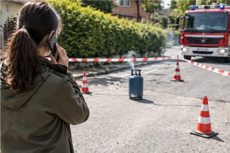 Una donna chiama i soccorsi da una zona distante mentre una bombola GPL è isolata e un mezzo dei Vigili del Fuoco si avvicina.