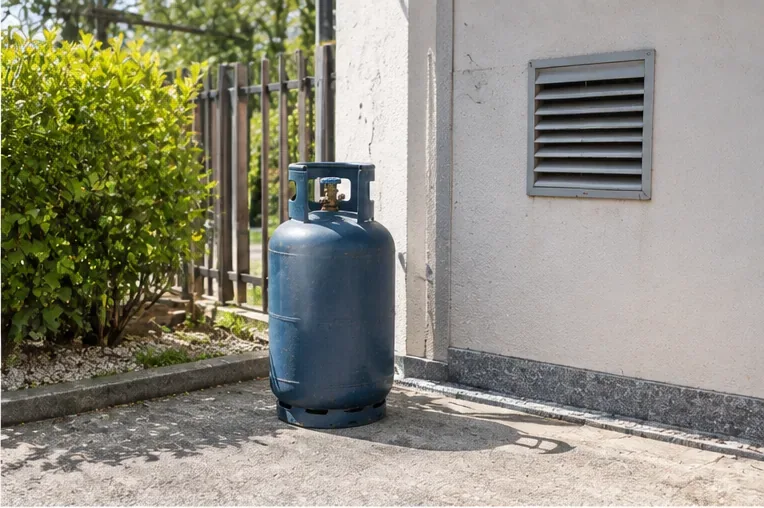 Una bombola GPL blu è mantenuta verticale all’aperto, in una zona ventilata e lontana da fiamme o fonti di calore.