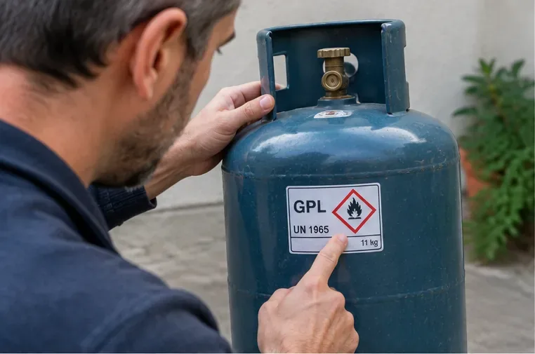 Una persona controlla l'etichetta GPL e il simbolo di infiammabilità su una bombola prima di organizzare la restituzione