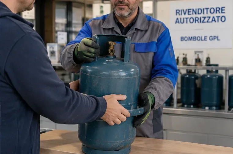 Un addetto di un rivenditore autorizzato prende in consegna una bombola GPL da un cliente