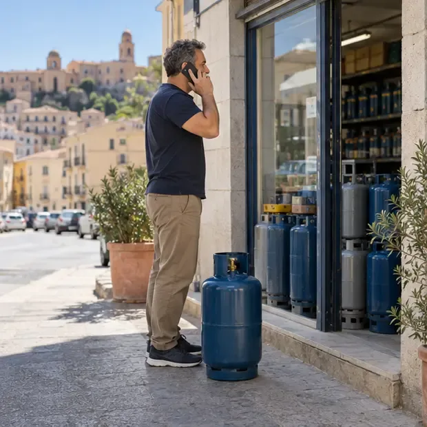 Persona che telefona a un rivenditore davanti a un punto vendita di bombole in un contesto urbano mediterraneo