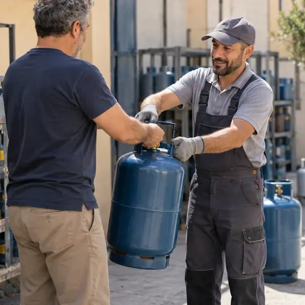 Rivenditore che riceve una bombola GPL integra da un cliente davanti a un deposito autorizzato