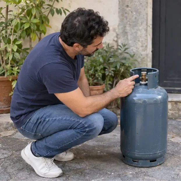 Una persona osserva la parte superiore di una bombola GPL domestica all’aperto senza manovrare la valvola