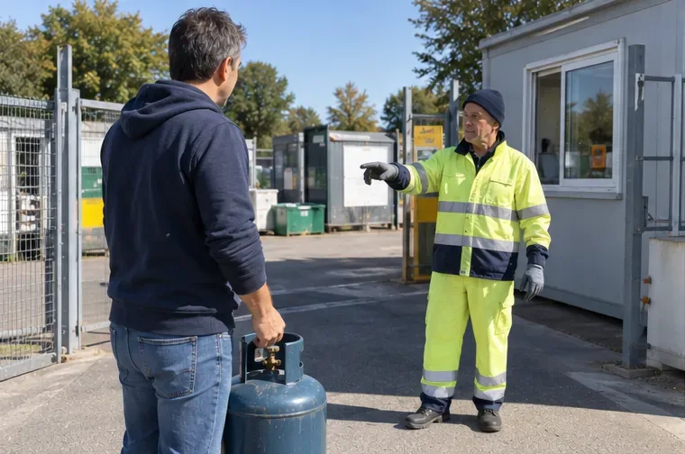 Una persona con una bombola GPL parla con un operatore all'ingresso di un centro di raccolta