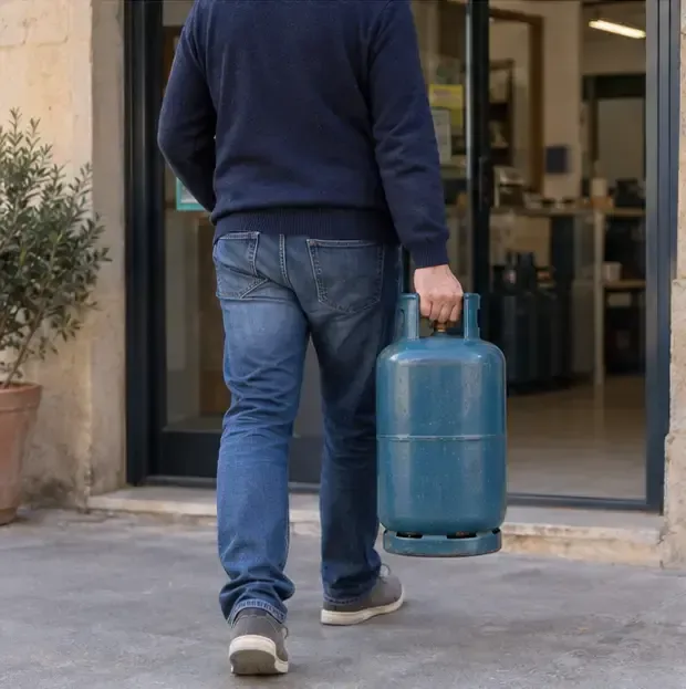 Persona che trasporta una bombola GPL mantenendola verticale verso l’ingresso di un rivenditore autorizzato