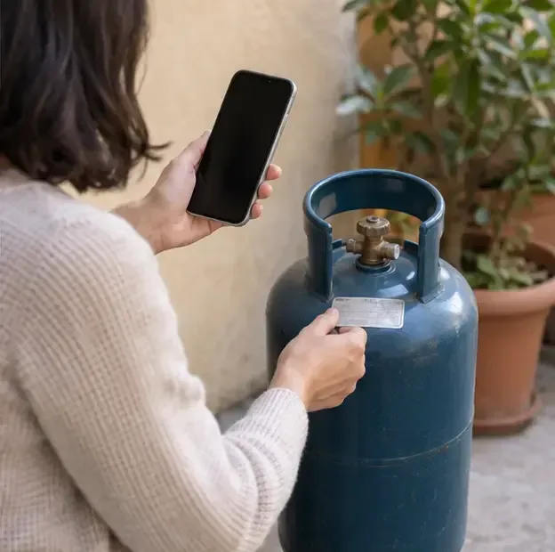 Persona che controlla l’etichetta di una bombola GPL e usa uno smartphone per contattare un rivenditore autorizzato