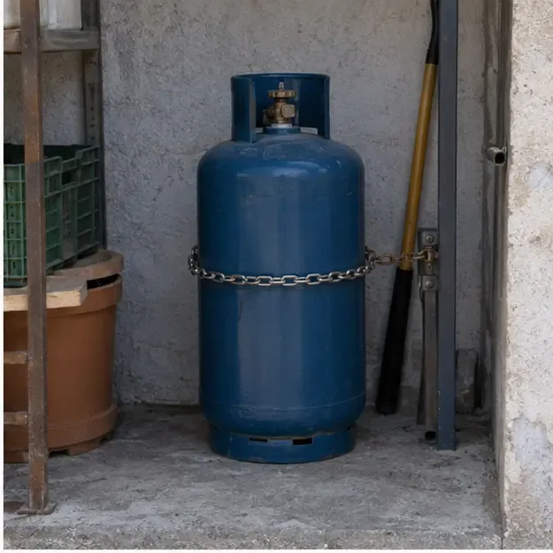 Bombola GPL blu mantenuta in posizione verticale e fissata in un’area ombreggiata e ventilata