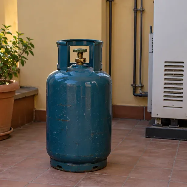 Una bombola GPL mantenuta in posizione verticale in uno spazio esterno ventilato e lontano da fonti di calore