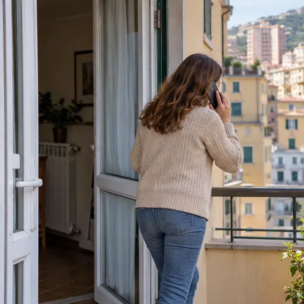 Una persona si allontana verso l'esterno di un appartamento e usa il telefono da una zona aperta per chiedere assistenza