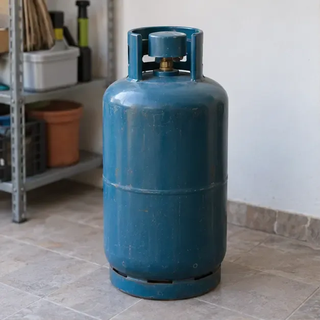 Bombola domestica di GPL integra e chiusa, posizionata verticalmente in un ambiente di servizio ventilato