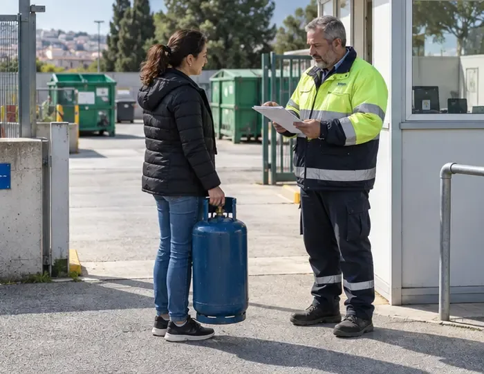 Cittadina parla con un operatore all’ingresso di un centro di raccolta mentre la bombola resta verticale e non viene lasciata nei contenitori