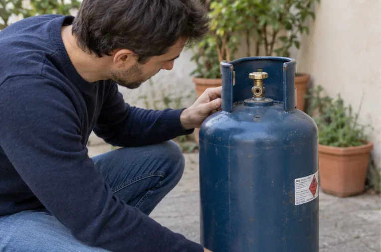 Una persona controlla all'aperto una bombola GPL blu, osservando valvola, maniglia e superficie prima di organizzare la restituzione.