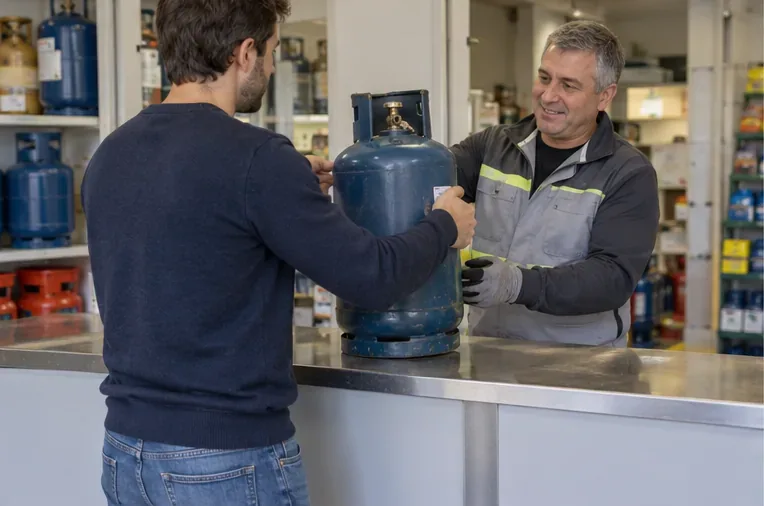 Un cliente consegna una bombola GPL blu al personale di un rivenditore specializzato, che la riceve sul banco.