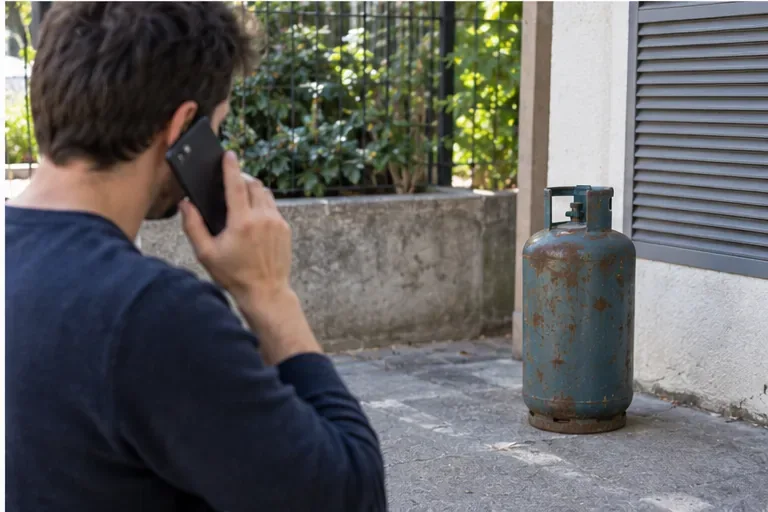 Una persona telefona mantenendosi a distanza da una bombola GPL visibilmente usurata