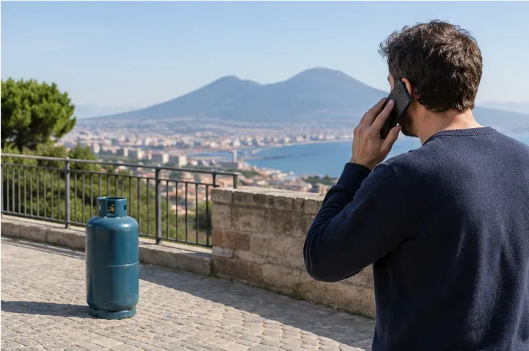 Una persona telefona mantenendosi a distanza da una bombola GPL lasciata in uno spazio aperto