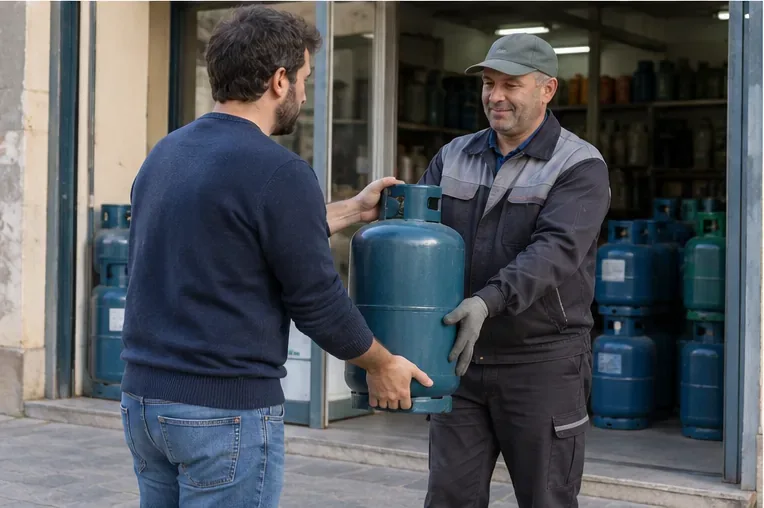Un cliente consegna una bombola GPL integra a un addetto di un punto vendita specializzato
