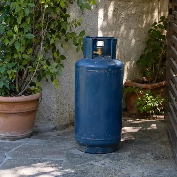 Bombola GPL domestica tenuta in posizione verticale in un’area esterna ombreggiata e ventilata