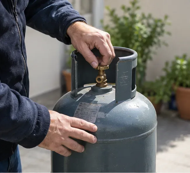 Persona che controlla la parte superiore e la valvola di una bombola GPL senza smontare il recipiente