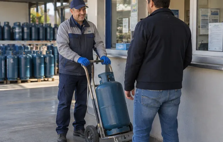 Addetto di un punto autorizzato che prende in carico una bombola GPL su un carrello