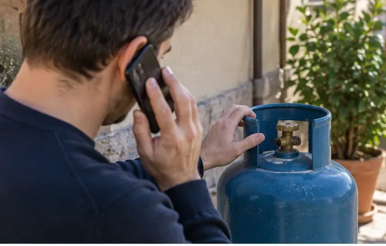 Persona che controlla la parte superiore di una bombola GPL mentre contatta telefonicamente il distributore