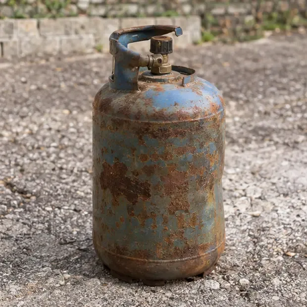 Bombola del gas molto arrugginita e con protezione superiore deformata isolata all’aperto