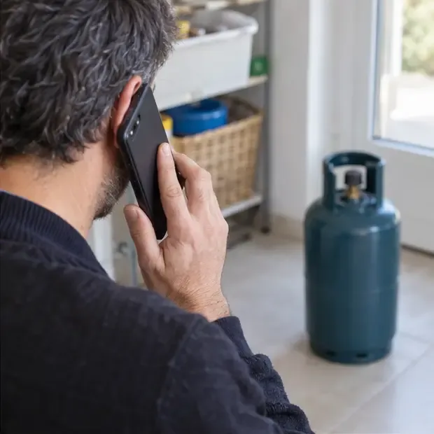 Persona che telefona con una bombola del gas integra visibile sullo sfondo