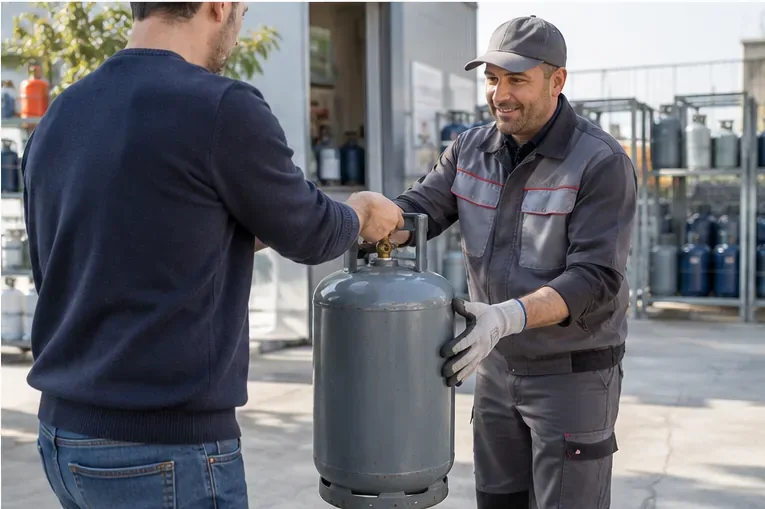 Cliente che consegna una bombola GPL a un addetto presso un punto autorizzato di ritiro e scambio