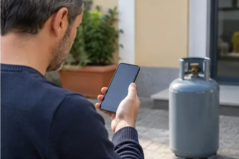 Persona con smartphone che contatta un rivenditore mentre una bombola GPL è appoggiata verticalmente all'esterno