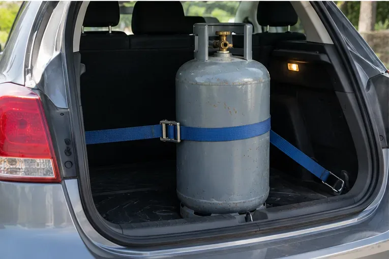 Bombola GPL fissata verticalmente nel vano bagagli di un'auto con una cinghia di sicurezza