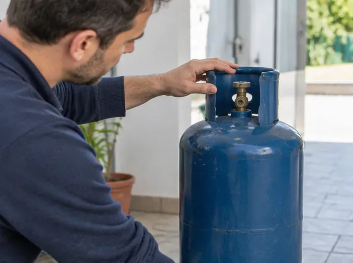 Persona che controlla visivamente una bombola GPL blu integra, osservando la zona della valvola senza smontarla