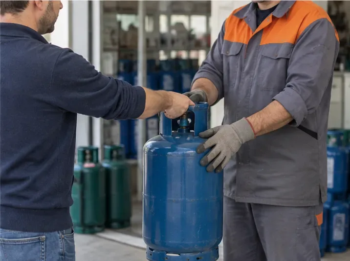 Addetto con guanti che riceve una bombola GPL blu da un cittadino presso un punto di restituzione