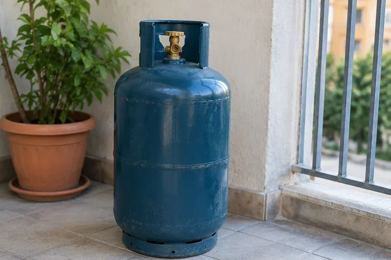 Bombola GPL blu in posizione verticale su un balcone aerato, lontana da fonti di calore