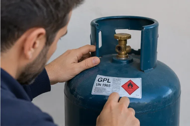 Persona che controlla l’etichetta GPL e la valvola di una bombola senza smontare componenti