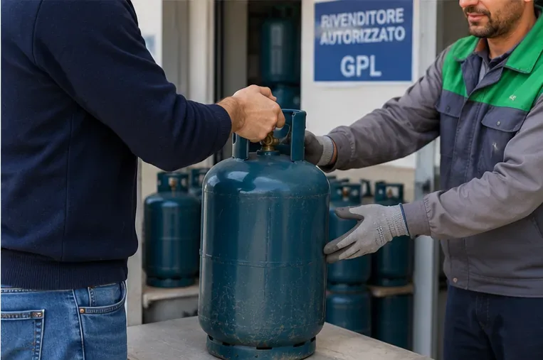 Cliente che consegna una bombola GPL integra a un addetto presso un rivenditore autorizzato