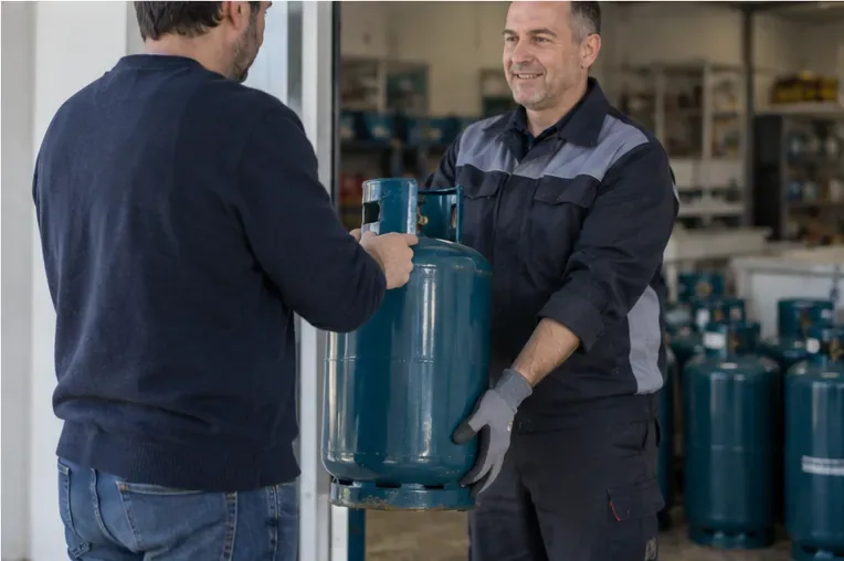 Un addetto in abbigliamento da lavoro riceve una bombola GPL blu da un cliente in un punto di consegna con altre bombole sullo sfondo
