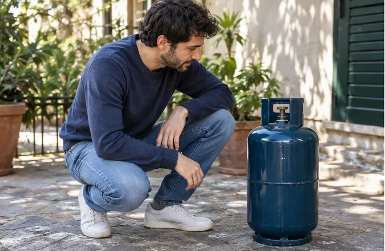 Una persona controlla una bombola GPL integra all’esterno, senza intervenire sulla valvola