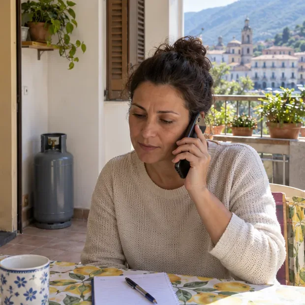 Una donna telefona da casa mentre una bombola resta in piedi, lontana dal calore e in uno spazio aerato.