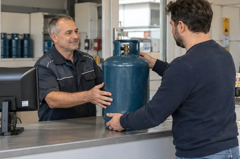 Cliente che consegna una bombola GPL a un addetto dietro il banco di un punto vendita specializzato