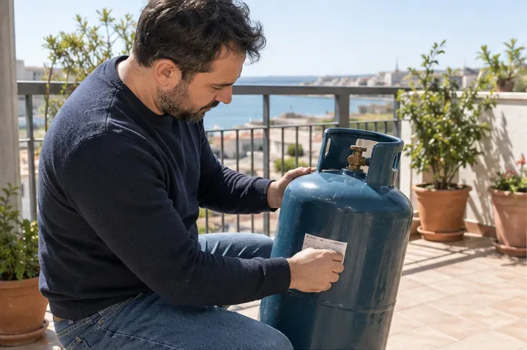 Persona che controlla l’etichetta e la valvola di una bombola GPL mantenuta in posizione verticale