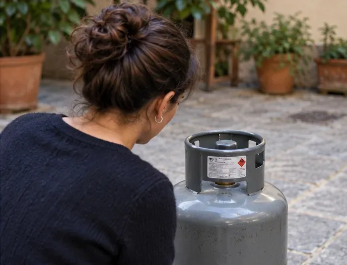 Una persona osserva l’etichetta di una bombola del gas senza intervenire sulla valvola.