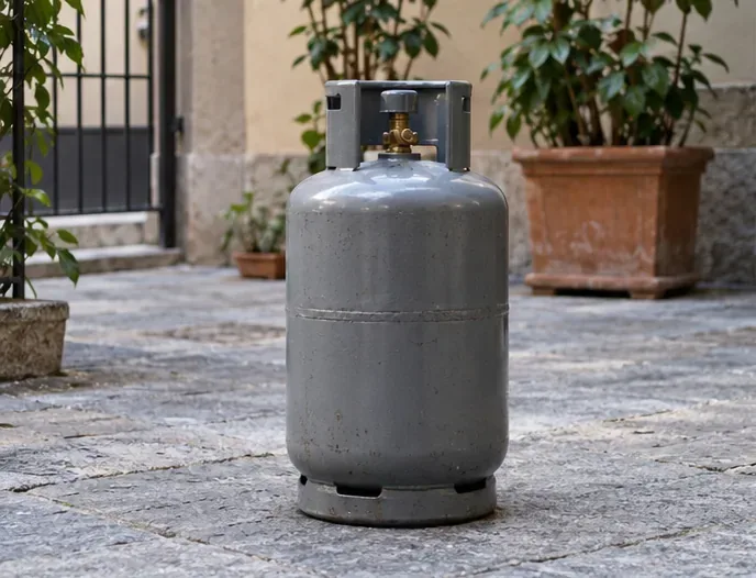 Bombola domestica in acciaio collocata in piedi in un cortile esterno ventilato.