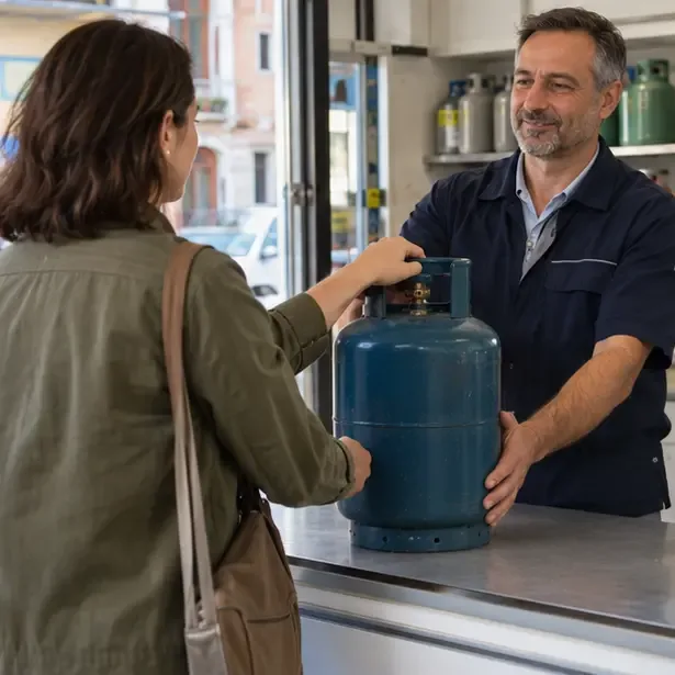 Cliente che consegna una bombola del gas integra e verticale a un addetto in un punto vendita autorizzato