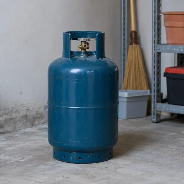 Bombola domestica blu integra in posizione verticale con la valvola rivolta verso l’alto in un ambiente ventilato