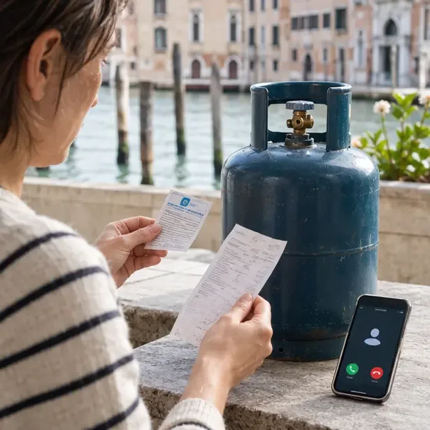 Persona che controlla documenti e contatti accanto a una bombola del gas integra mantenuta verticale sul lungomare di Venezia