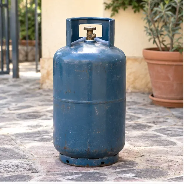 Bombola del gas blu in posizione verticale su una superficie esterna, con valvola protetta dalla struttura superiore.