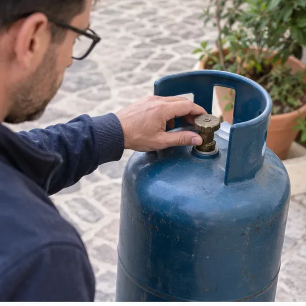 Persona che osserva da vicino la valvola di una bombola del gas senza usare utensili.