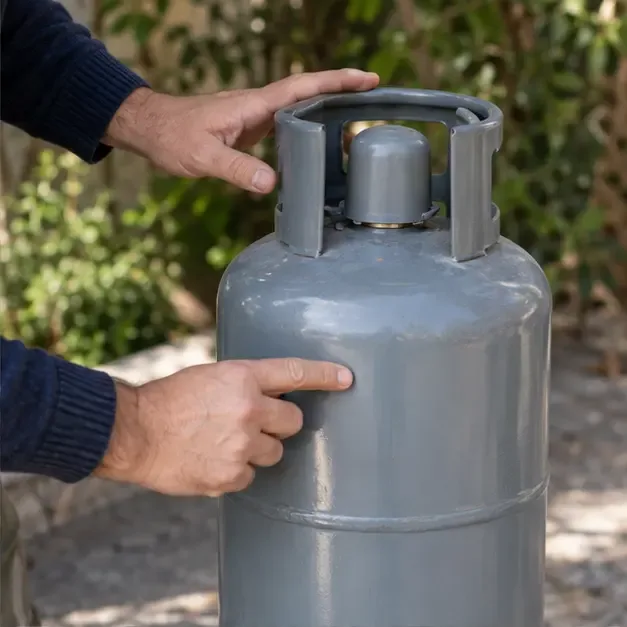 Mani che controllano l’etichetta e il cappellotto di una bombola GPL integra senza azionare la valvola