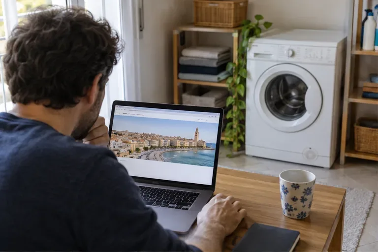 Persona davanti a un computer accanto a una lavatrice, mentre verifica online le informazioni per lo smaltimento a Bari